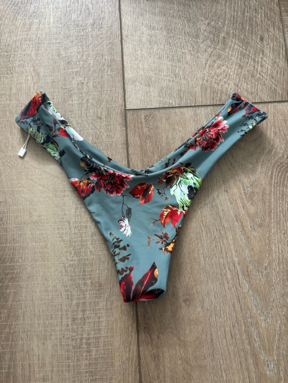 Floral High-Cut Bikini Bottom - Teal with Red Floral Print